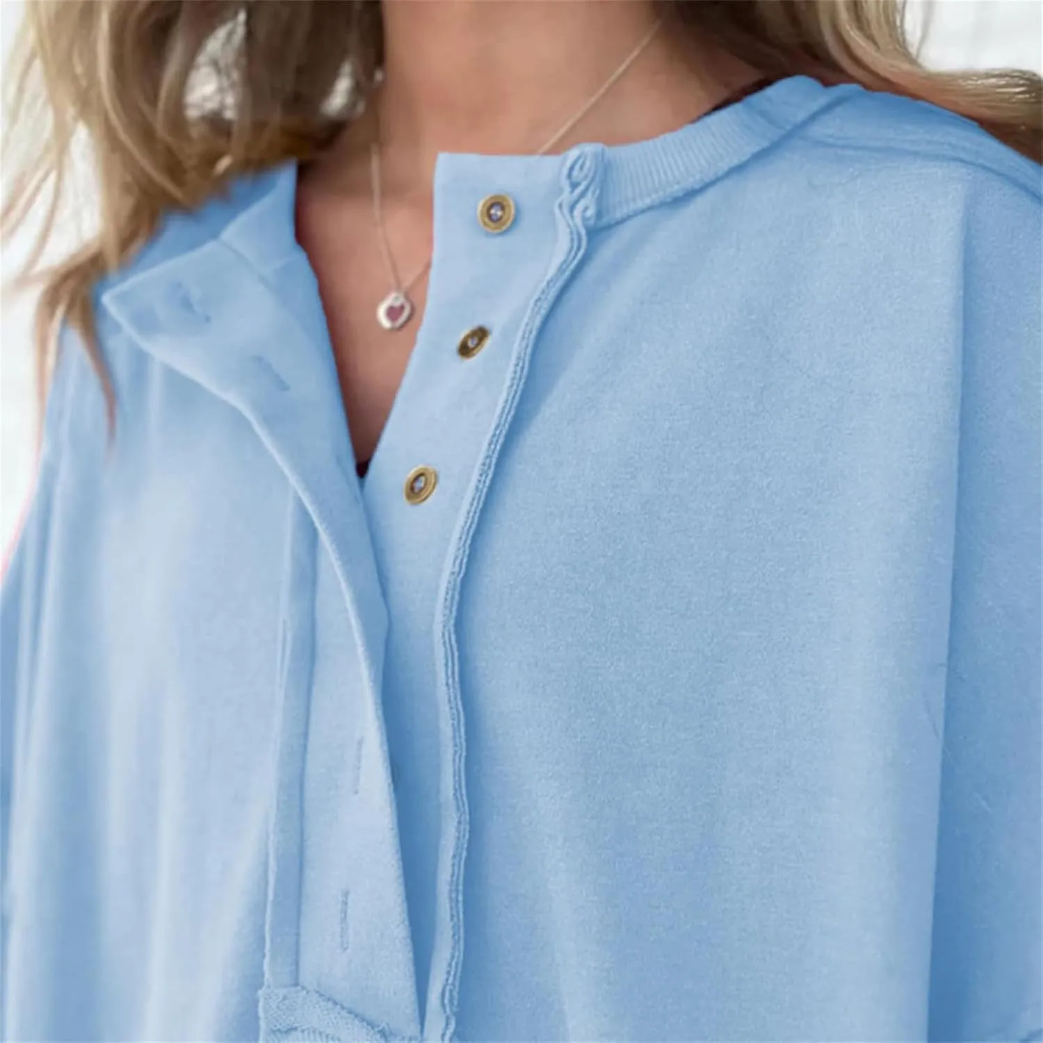 Women Oversized Button Up 3/4 Sleeve Shirts Blouses Simple Solid Color Pullover Tops Crewneck Fashion Shirt
