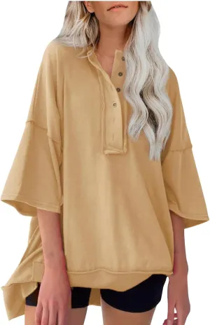 Women Oversized Button Up 3/4 Sleeve Shirts Blouses Simple Solid Color Pullover Tops Crewneck Fashion Shirt