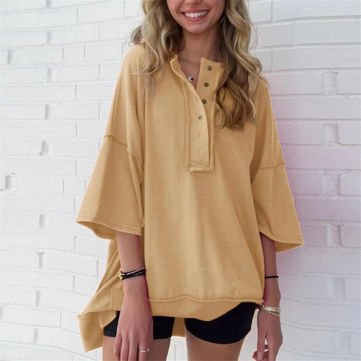 Women Oversized Button Up 3/4 Sleeve Shirts Blouses Simple Solid Color Pullover Tops Crewneck Fashion Shirt