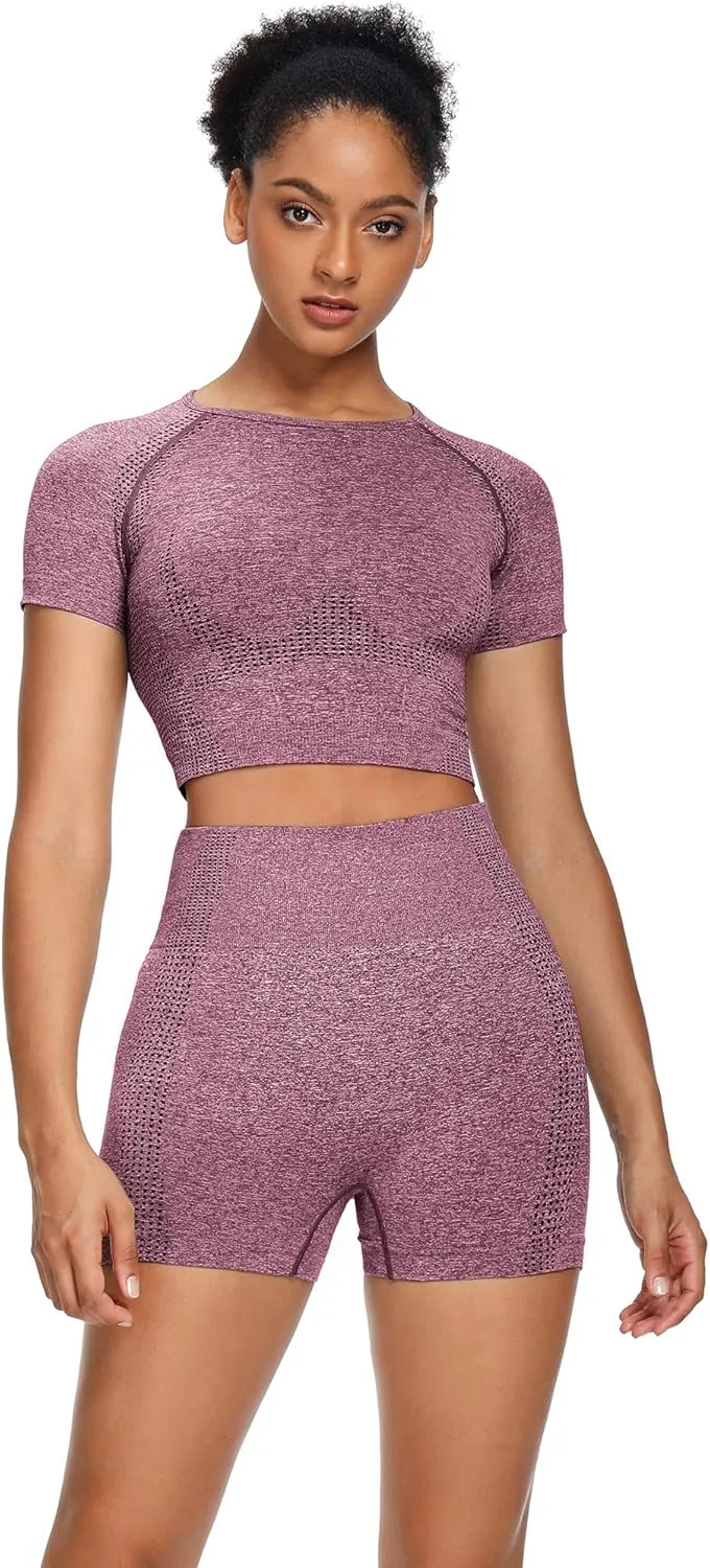 Women Seamless Yoga Outfits 2 Piece Set Workout Gym Shorts   Short Sleeve Crop Top