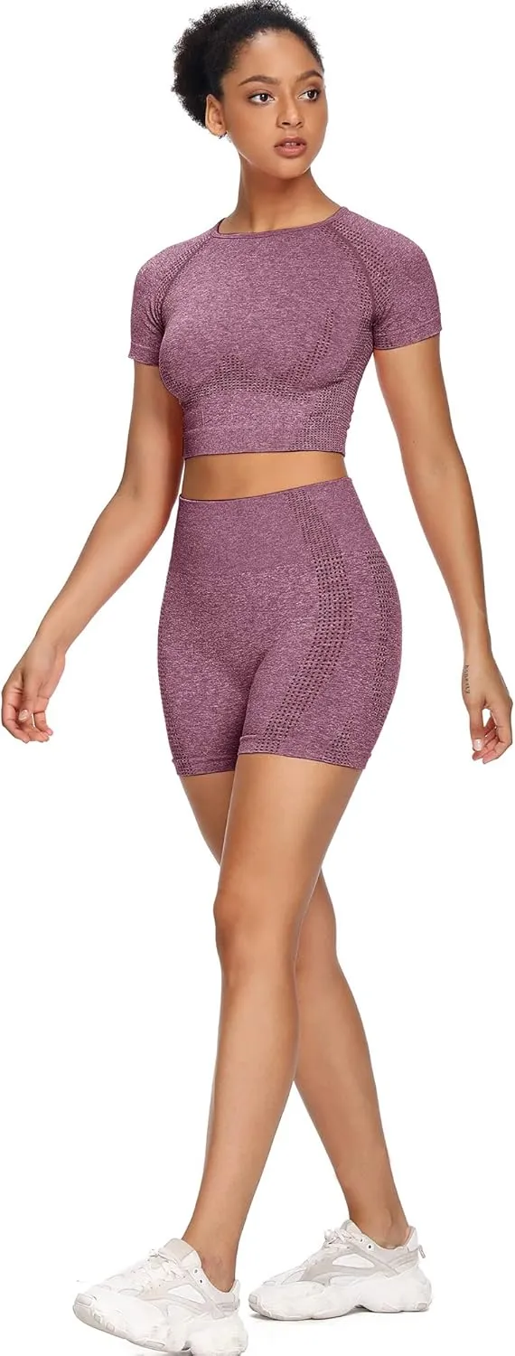 Women Seamless Yoga Outfits 2 Piece Set Workout Gym Shorts   Short Sleeve Crop Top