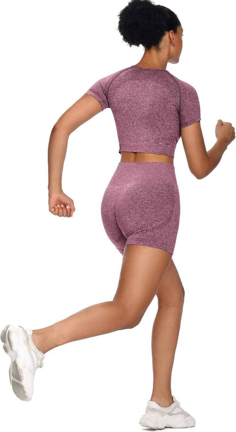 Women Seamless Yoga Outfits 2 Piece Set Workout Gym Shorts   Short Sleeve Crop Top