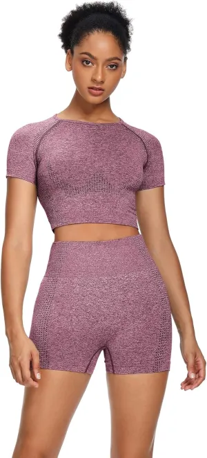 Women Seamless Yoga Outfits 2 Piece Set Workout Gym Shorts   Short Sleeve Crop Top