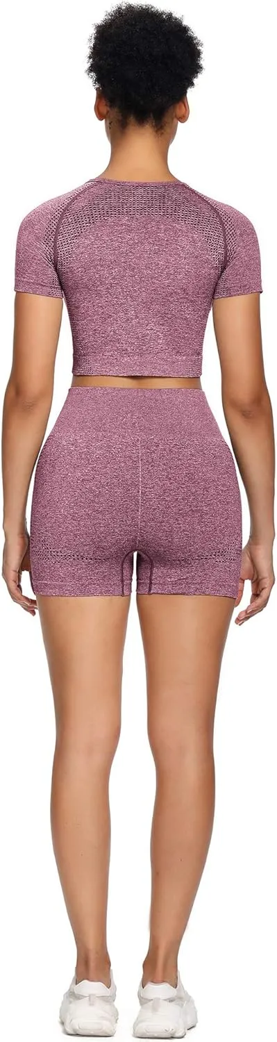 Women Seamless Yoga Outfits 2 Piece Set Workout Gym Shorts   Short Sleeve Crop Top