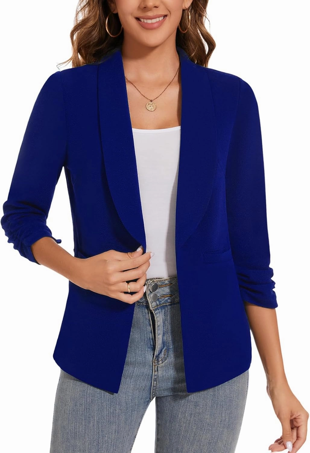 Women Casual Shawl Lapel Work Blazer Ruched 3/4 Sleeve Open Front Business Office Suit Jackets with Pockets