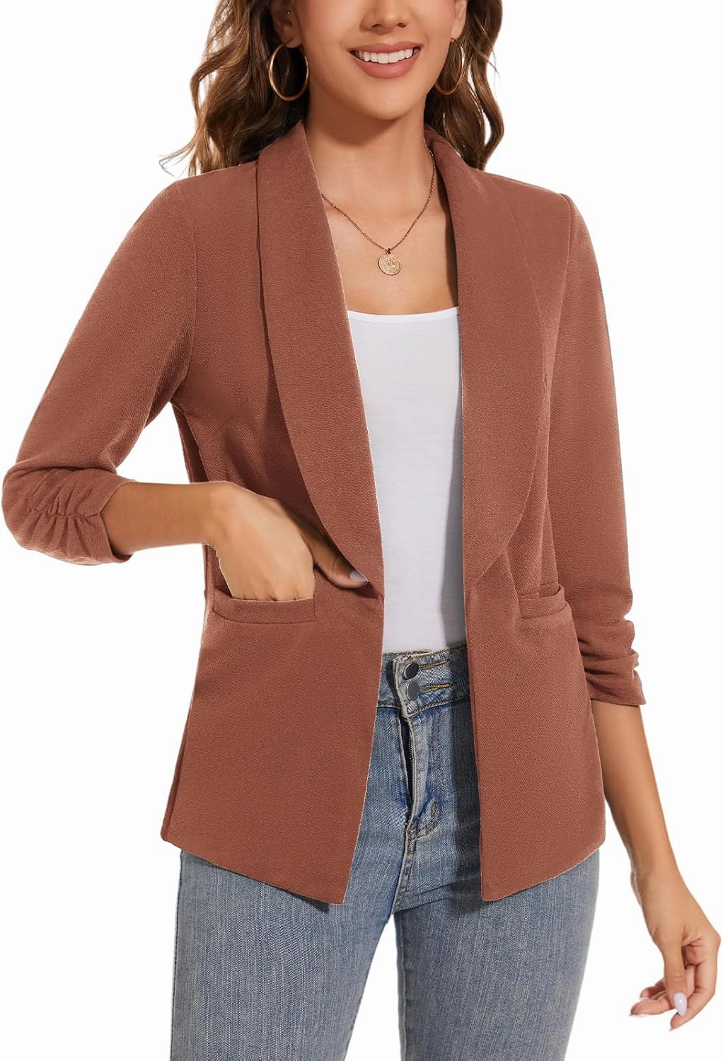 Women Casual Shawl Lapel Work Blazer Ruched 3/4 Sleeve Open Front Business Office Suit Jackets with Pockets