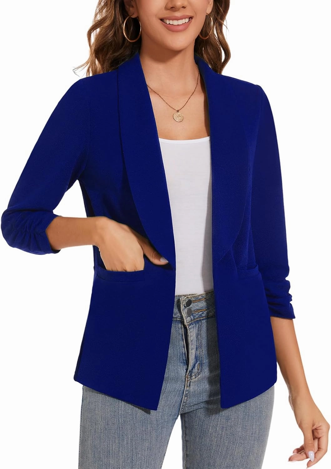 Women Casual Shawl Lapel Work Blazer Ruched 3/4 Sleeve Open Front Business Office Suit Jackets with Pockets