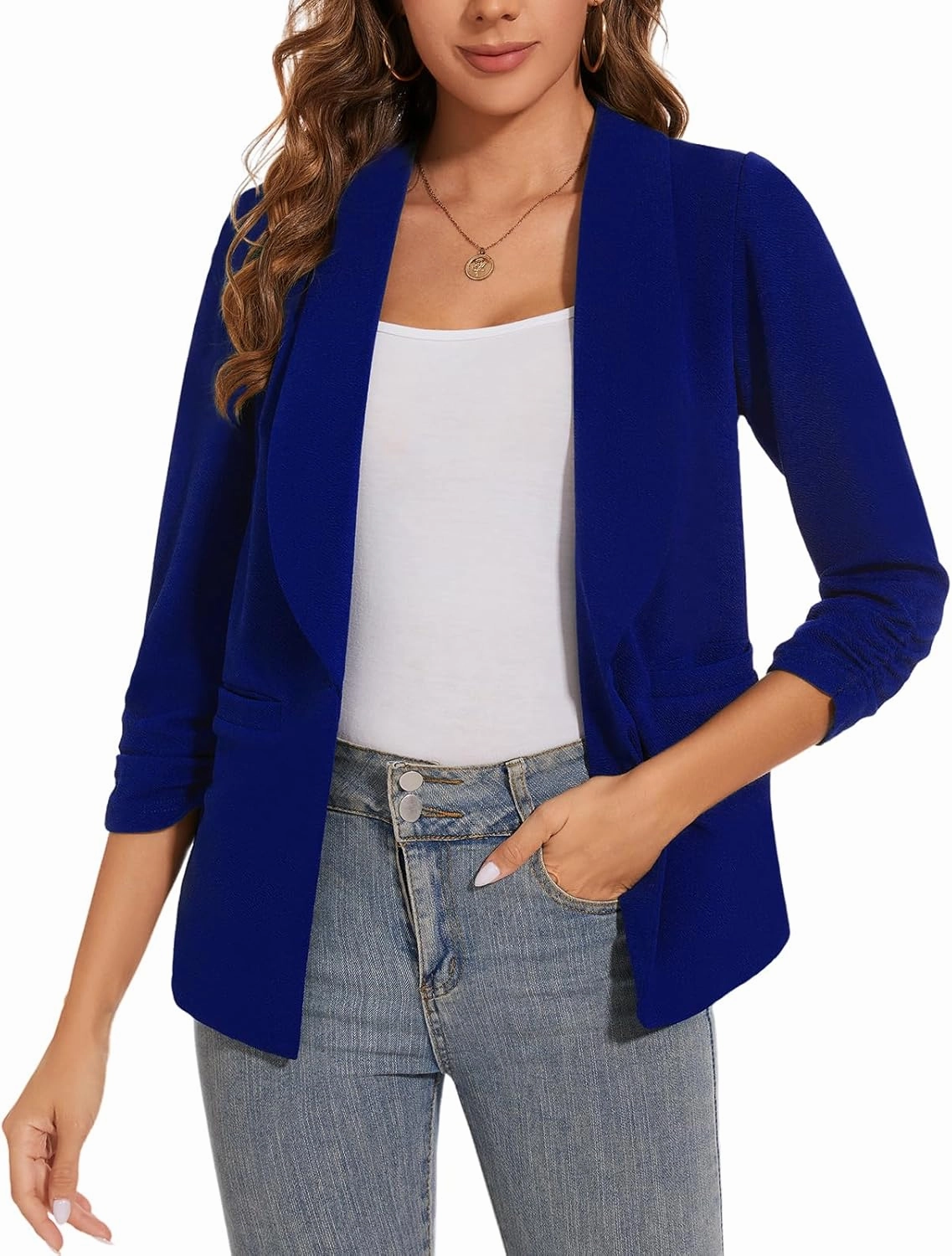 Women Casual Shawl Lapel Work Blazer Ruched 3/4 Sleeve Open Front Business Office Suit Jackets with Pockets