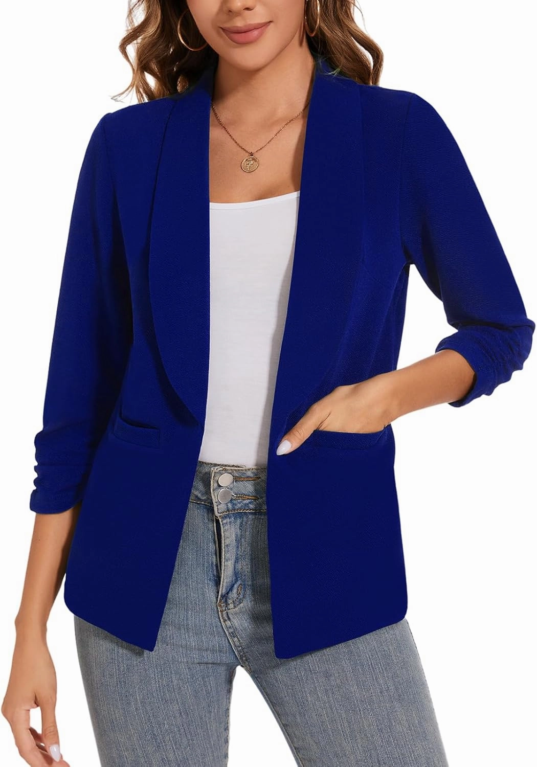 Women Casual Shawl Lapel Work Blazer Ruched 3/4 Sleeve Open Front Business Office Suit Jackets with Pockets
