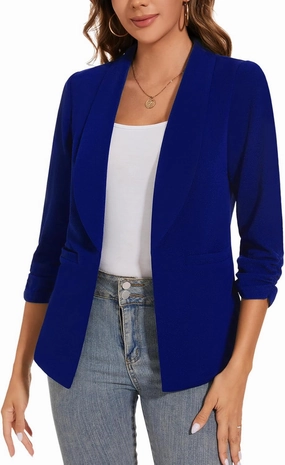 Women Casual Shawl Lapel Work Blazer Ruched 3/4 Sleeve Open Front Business Office Suit Jackets with Pockets