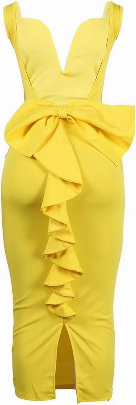 Women Fashion Dresses Solid Color Backless Deep V-Neck Bow Stretch Side Slit Dress Casual