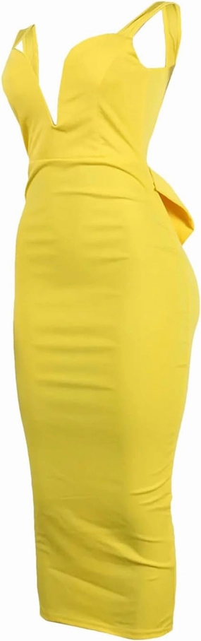 Women Fashion Dresses Solid Color Backless Deep V-Neck Bow Stretch Side Slit Dress Casual
