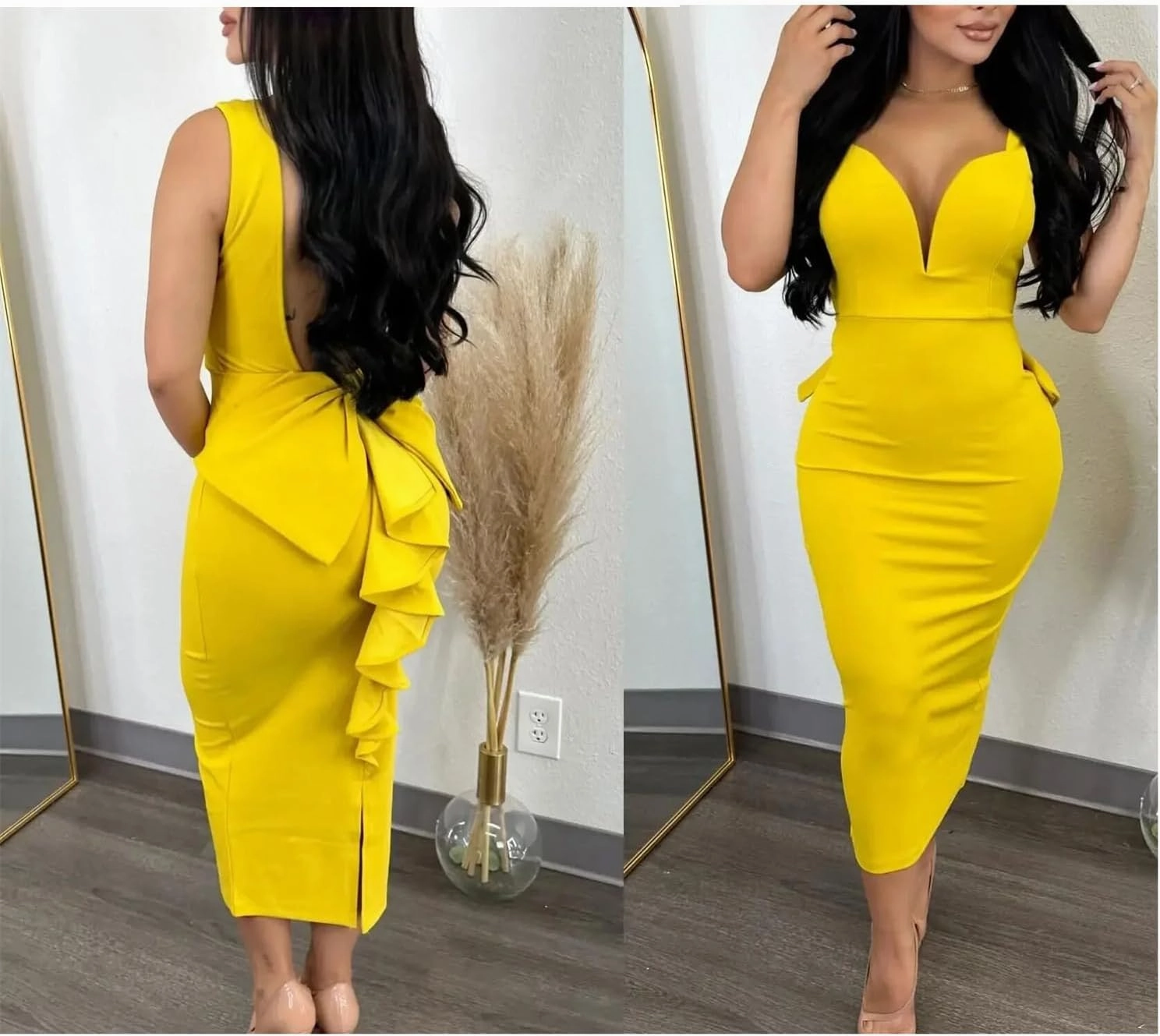 Women Fashion Dresses Solid Color Backless Deep V-Neck Bow Stretch Side Slit Dress Casual