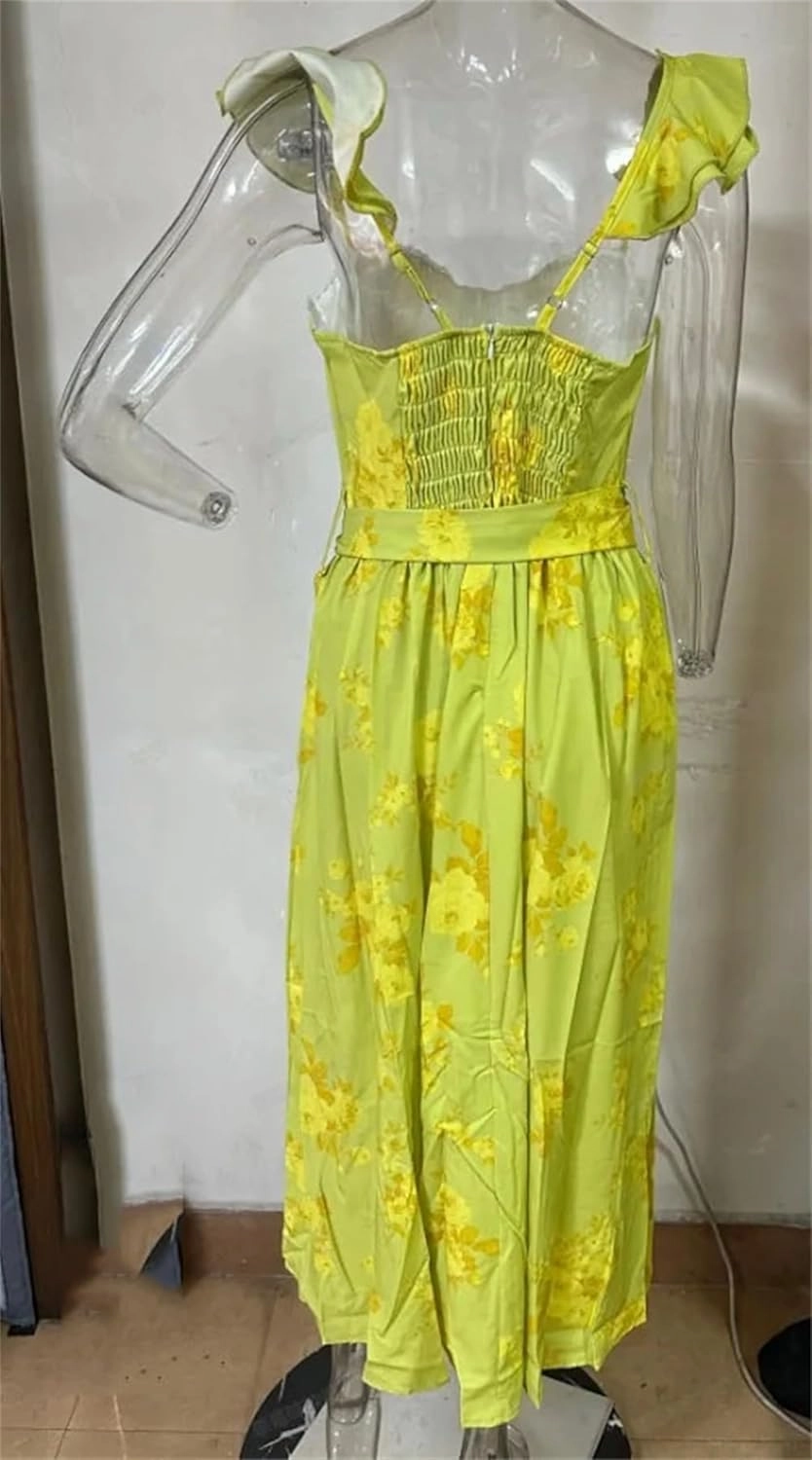 Women Flowers Print Sleeveless Long Dresses Sexy Low Cut Backless Bow Knot Leace-Up Slit Dress