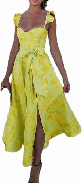 Women Flowers Print Sleeveless Long Dresses Sexy Low Cut Backless Bow Knot Leace-Up Slit Dress