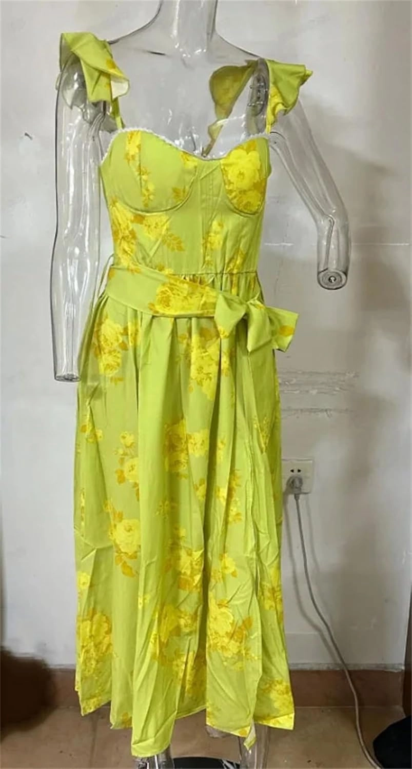 Women Flowers Print Sleeveless Long Dresses Sexy Low Cut Backless Bow Knot Leace-Up Slit Dress