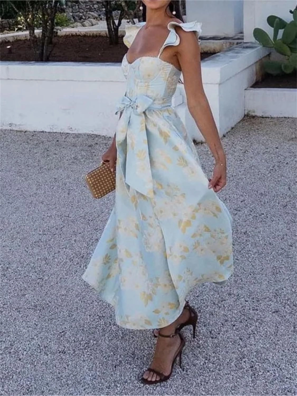 Women Flowers Print Sleeveless Long Dresses Sexy Low Cut Backless Bow Knot Leace-Up Slit Dress