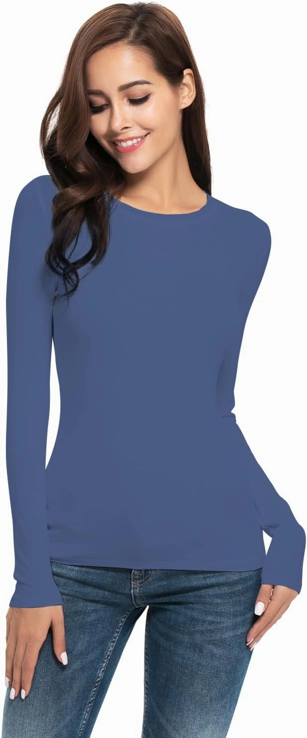 Women Long Sleeve Crew Neck/Scoop V Neck Rayon Slim Fit Stretchy Layer T Shirts Tops