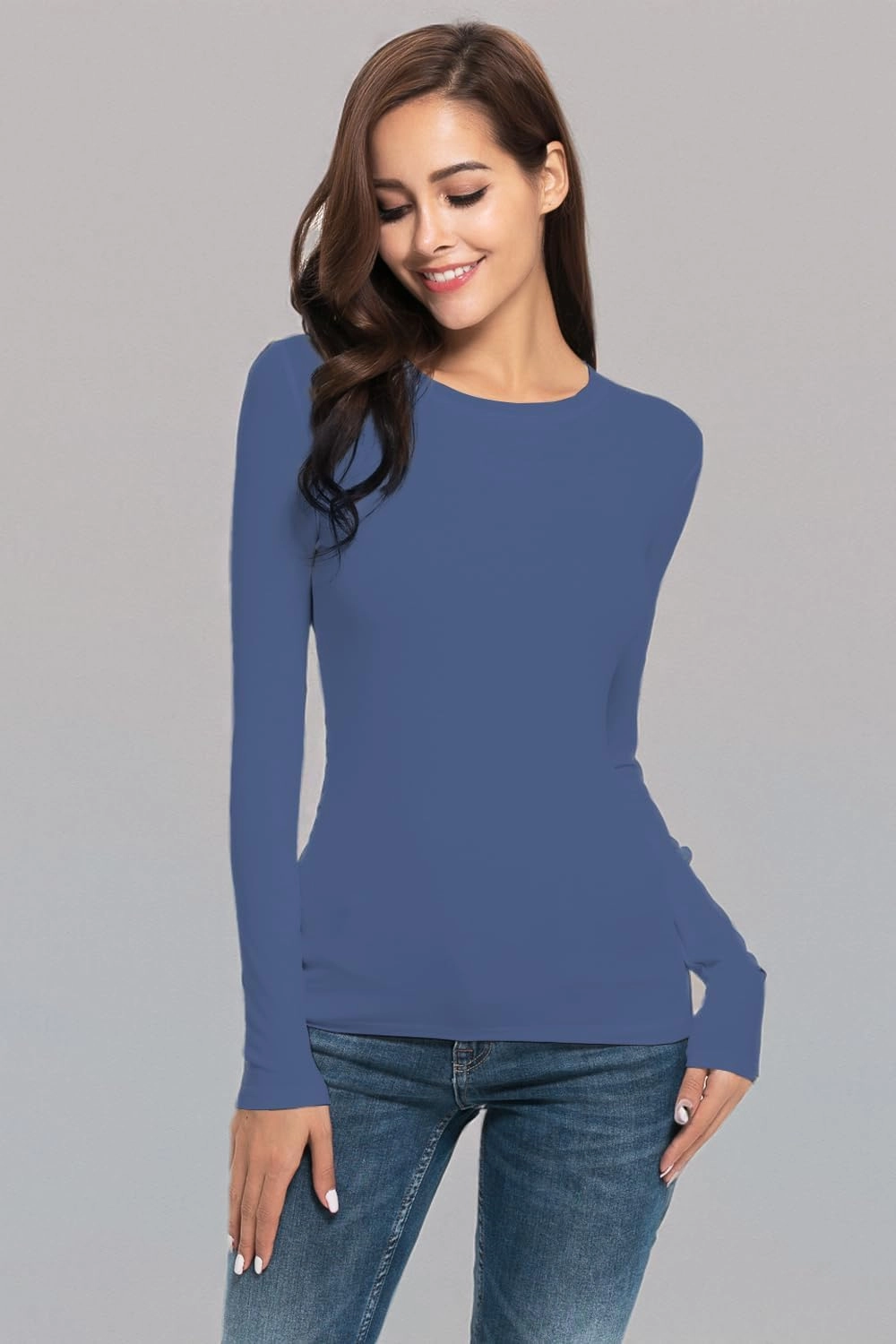 Women Long Sleeve Crew Neck/Scoop V Neck Rayon Slim Fit Stretchy Layer T Shirts Tops