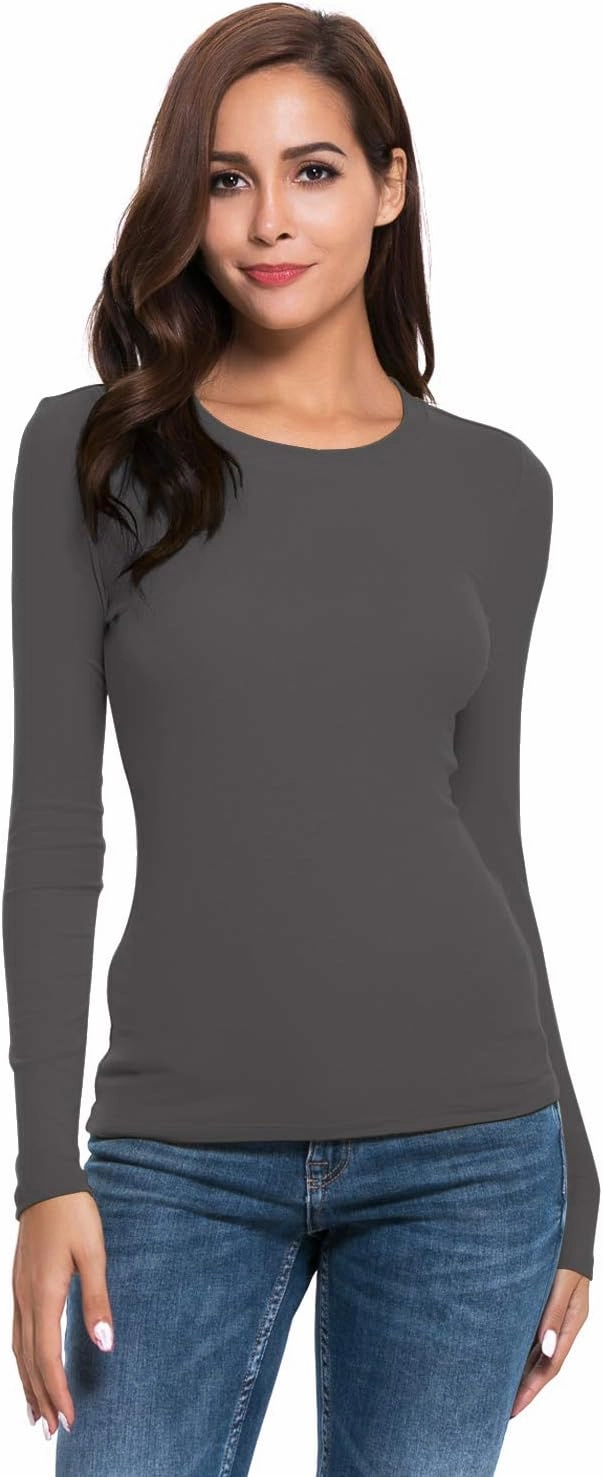 Women Long Sleeve Crew Neck/Scoop V Neck Rayon Slim Fit Stretchy Layer T Shirts Tops