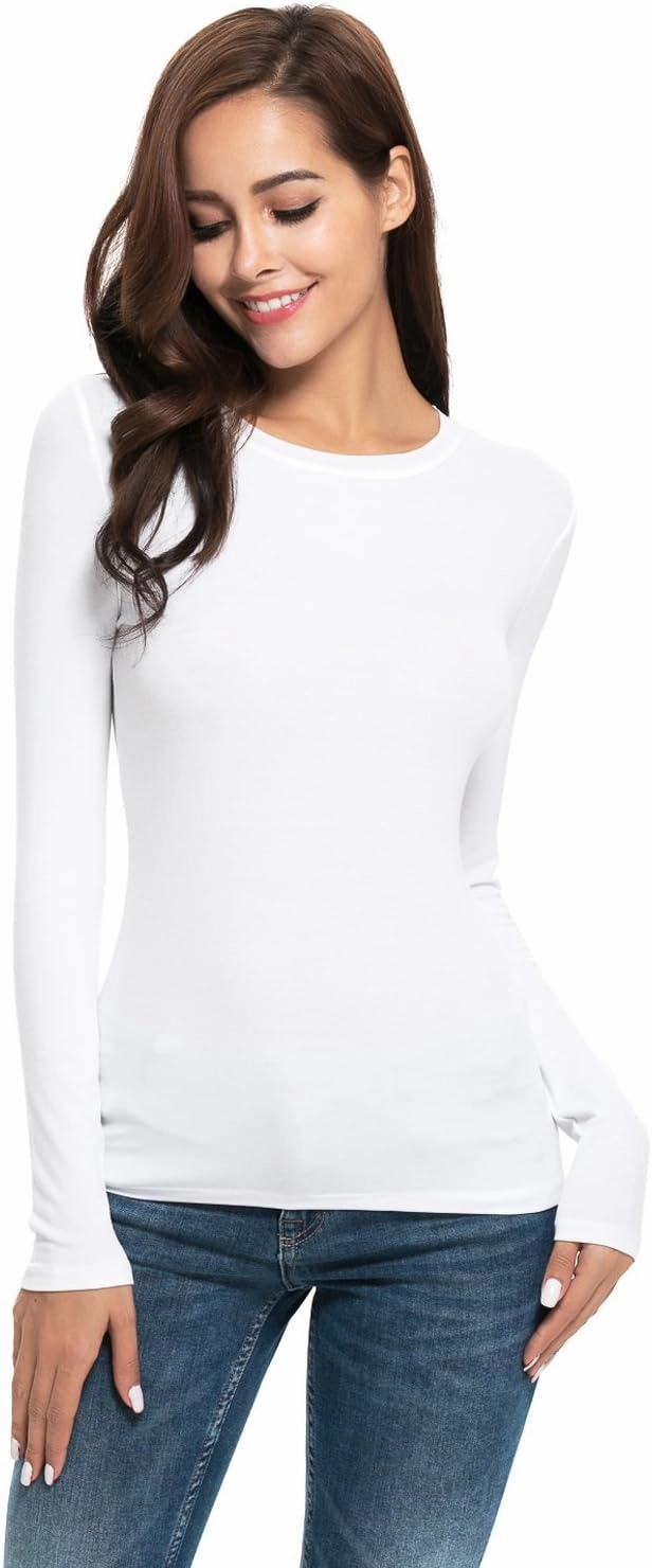 Women Long Sleeve Crew Neck/Scoop V Neck Rayon Slim Fit Stretchy Layer T Shirts Tops