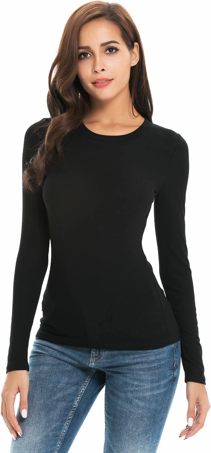 Women Long Sleeve Crew Neck/Scoop V Neck Rayon Slim Fit Stretchy Layer T Shirts Tops