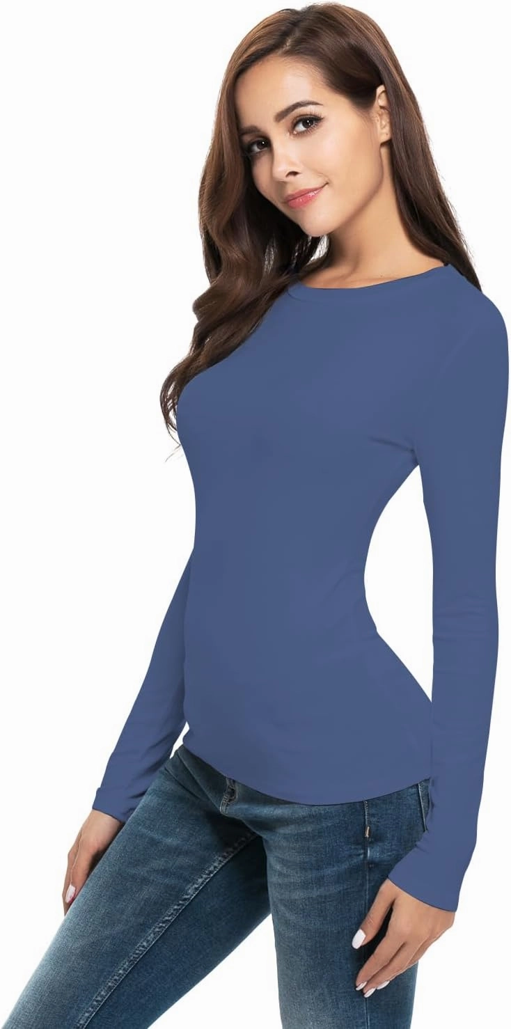 Women Long Sleeve Crew Neck/Scoop V Neck Rayon Slim Fit Stretchy Layer T Shirts Tops