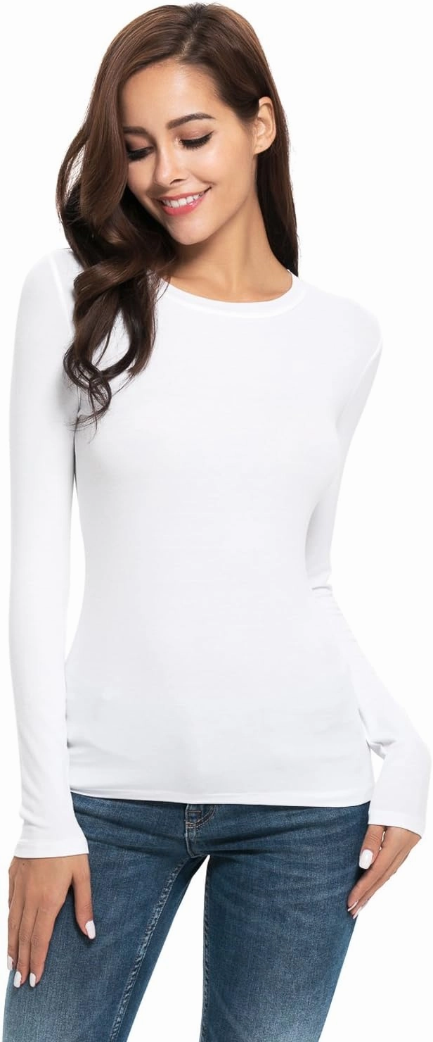 Women Long Sleeve Crew Neck/Scoop V Neck Rayon Slim Fit Stretchy Layer T Shirts Tops