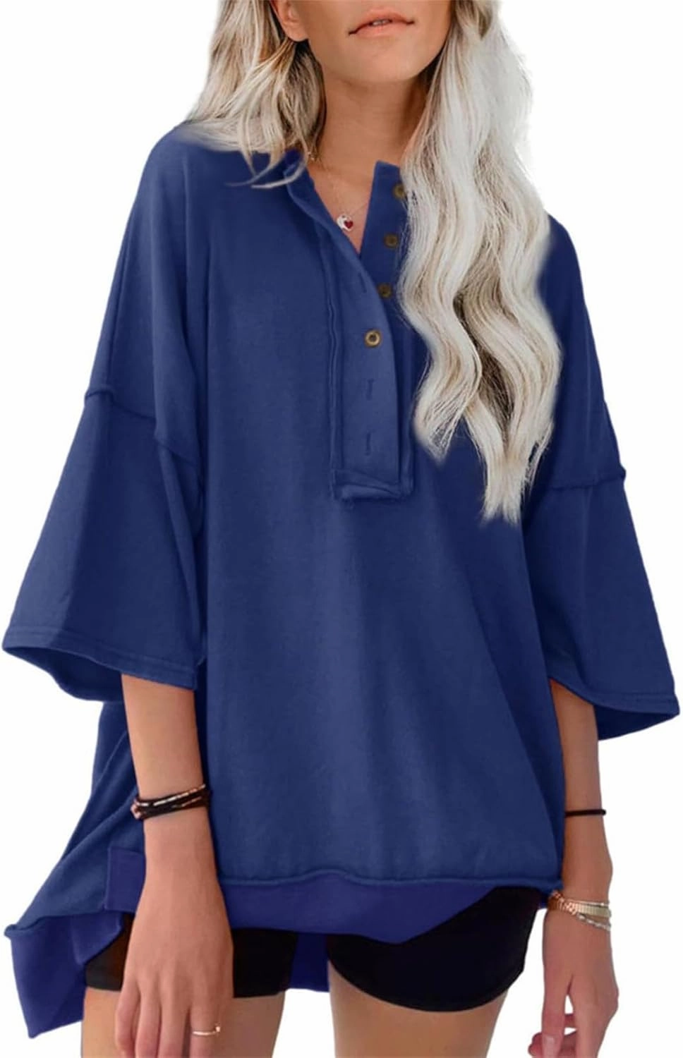 Women Oversized Button Up 3/4 Sleeve Shirts Blouses Simple Solid Color Pullover Tops Crewneck Fashion Shirt