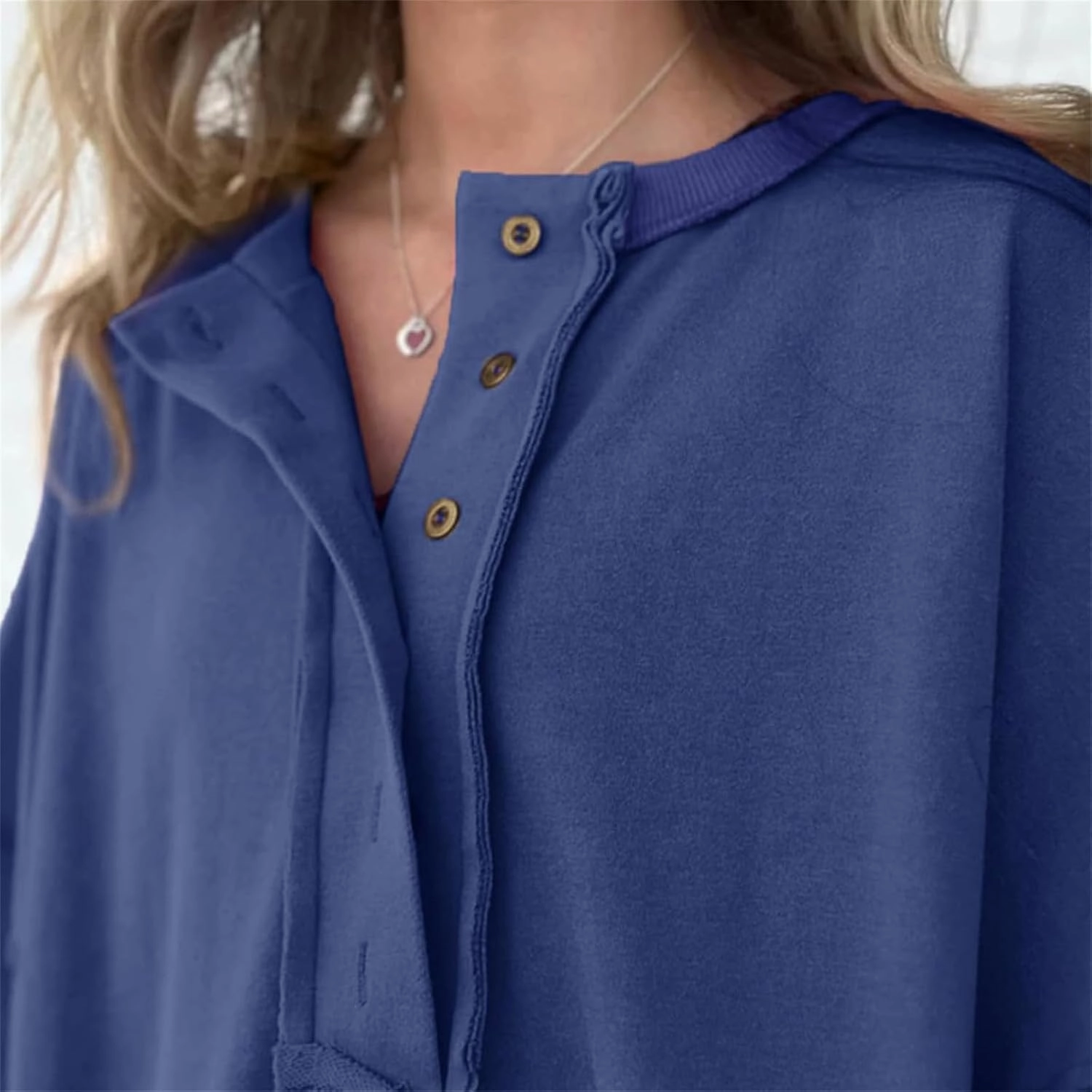 Women Oversized Button Up 3/4 Sleeve Shirts Blouses Simple Solid Color Pullover Tops Crewneck Fashion Shirt