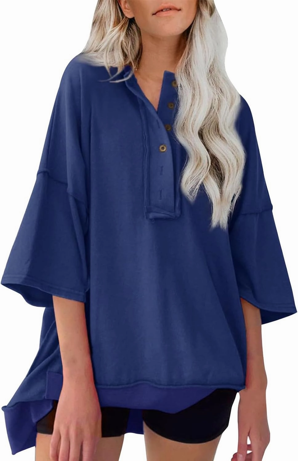 Women Oversized Button Up 3/4 Sleeve Shirts Blouses Simple Solid Color Pullover Tops Crewneck Fashion Shirt
