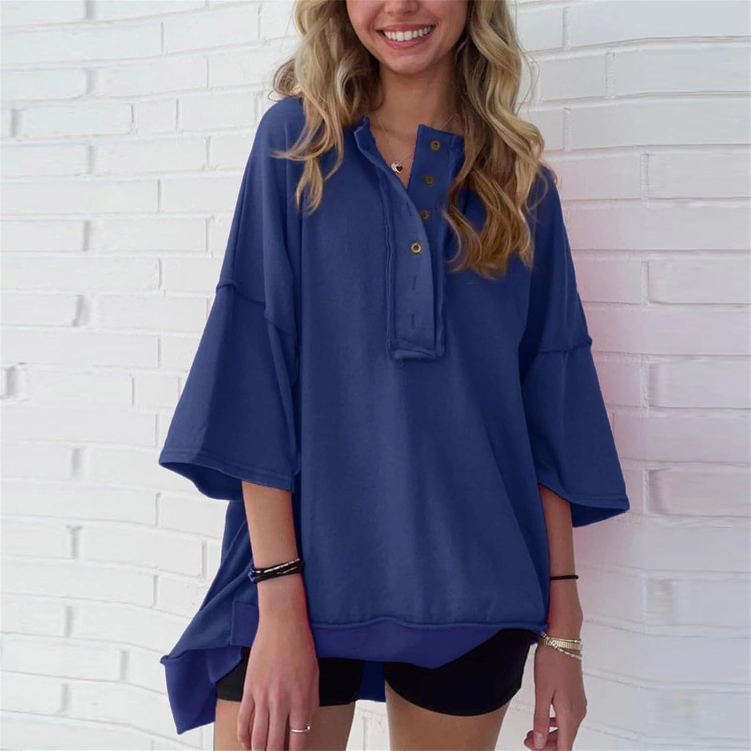 Women Oversized Button Up 3/4 Sleeve Shirts Blouses Simple Solid Color Pullover Tops Crewneck Fashion Shirt