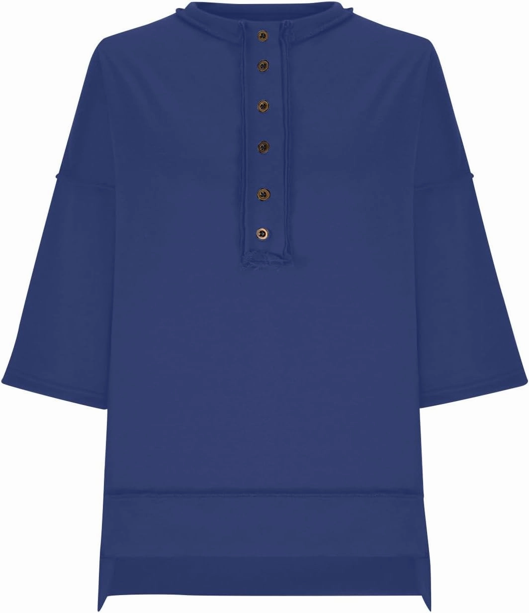 Women Oversized Button Up 3/4 Sleeve Shirts Blouses Simple Solid Color Pullover Tops Crewneck Fashion Shirt