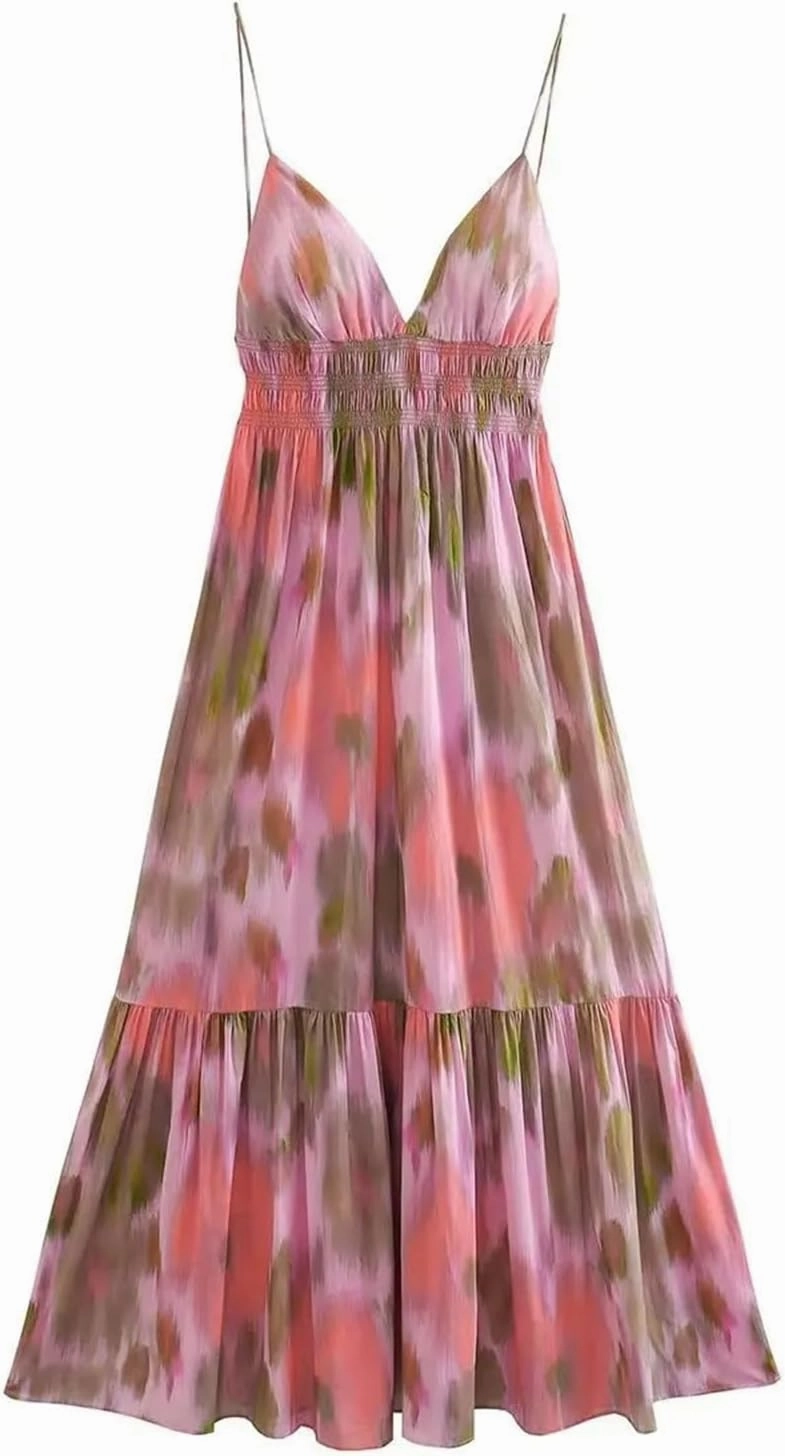 Women Printed Elastic Waist Backless Dress Lace Up Vintage Straps Midi Dresses Vacation Chic Beach Dresses