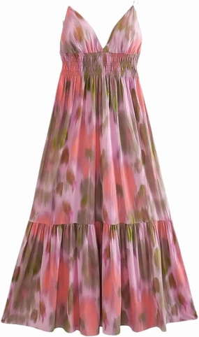 Women Printed Elastic Waist Backless Dress Lace Up Vintage Straps Midi Dresses Vacation Chic Beach Dresses