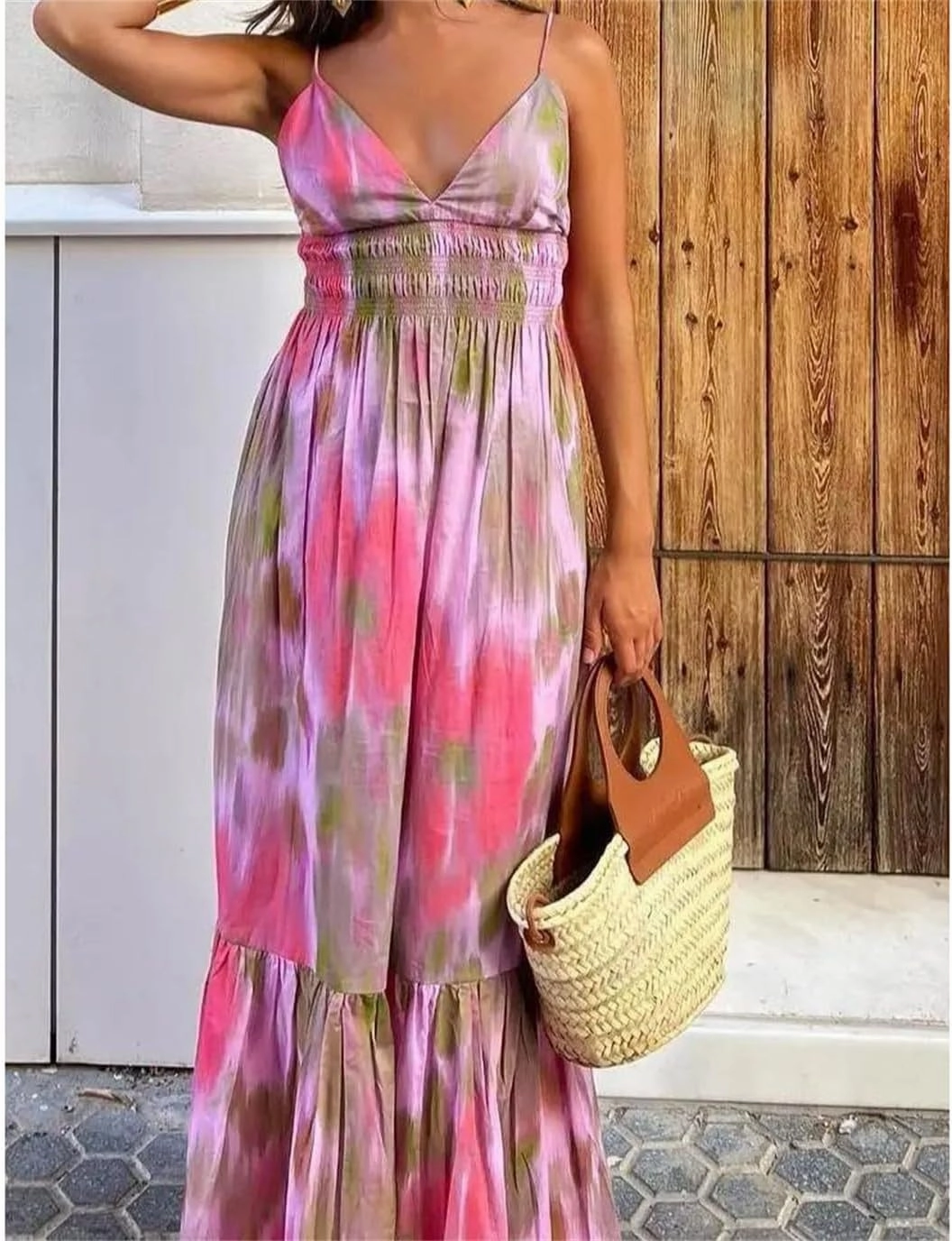 Women Printed Elastic Waist Backless Dress Lace Up Vintage Straps Midi Dresses Vacation Chic Beach Dresses