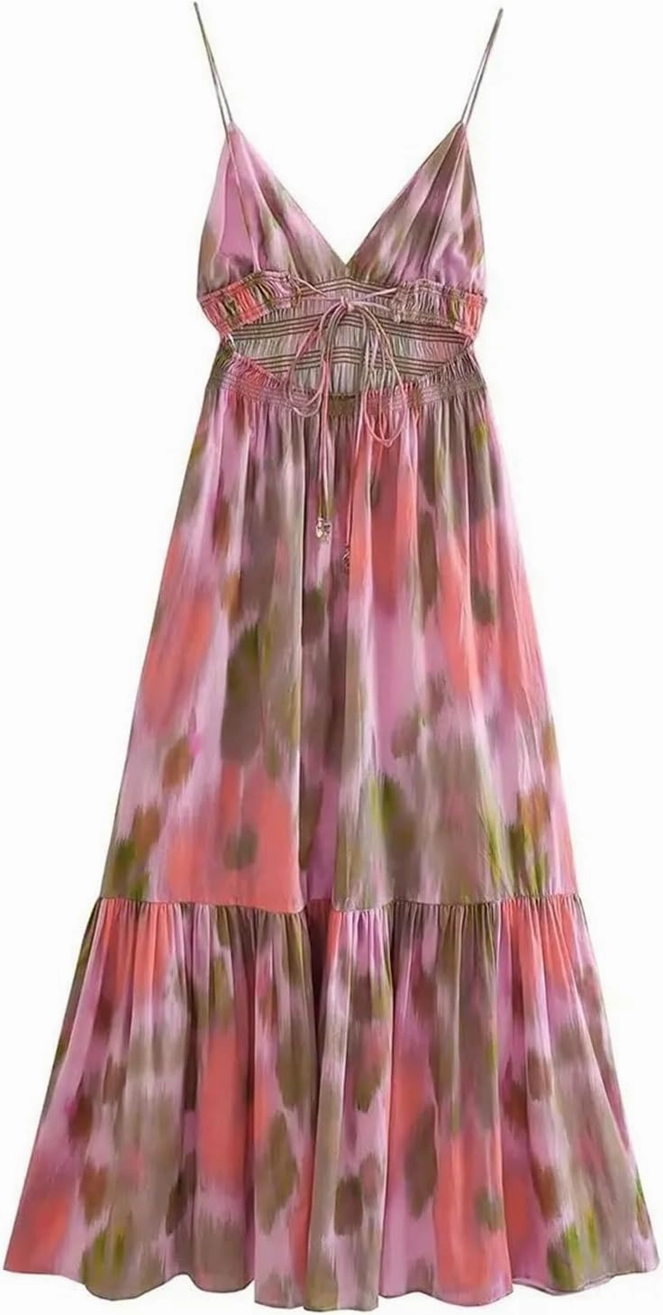 Women Printed Elastic Waist Backless Dress Lace Up Vintage Straps Midi Dresses Vacation Chic Beach Dresses