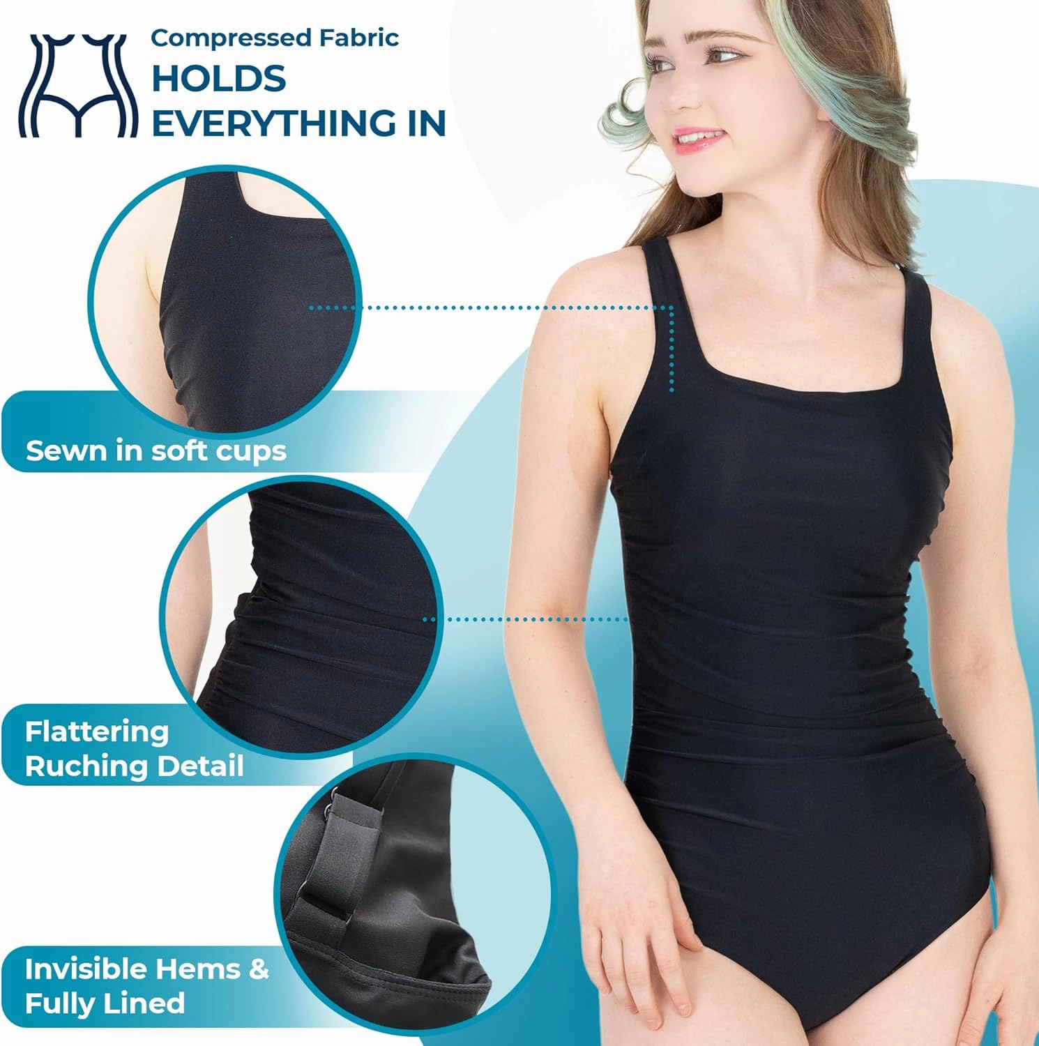 Women's Black One-Piece Swimsuit, Square Neck