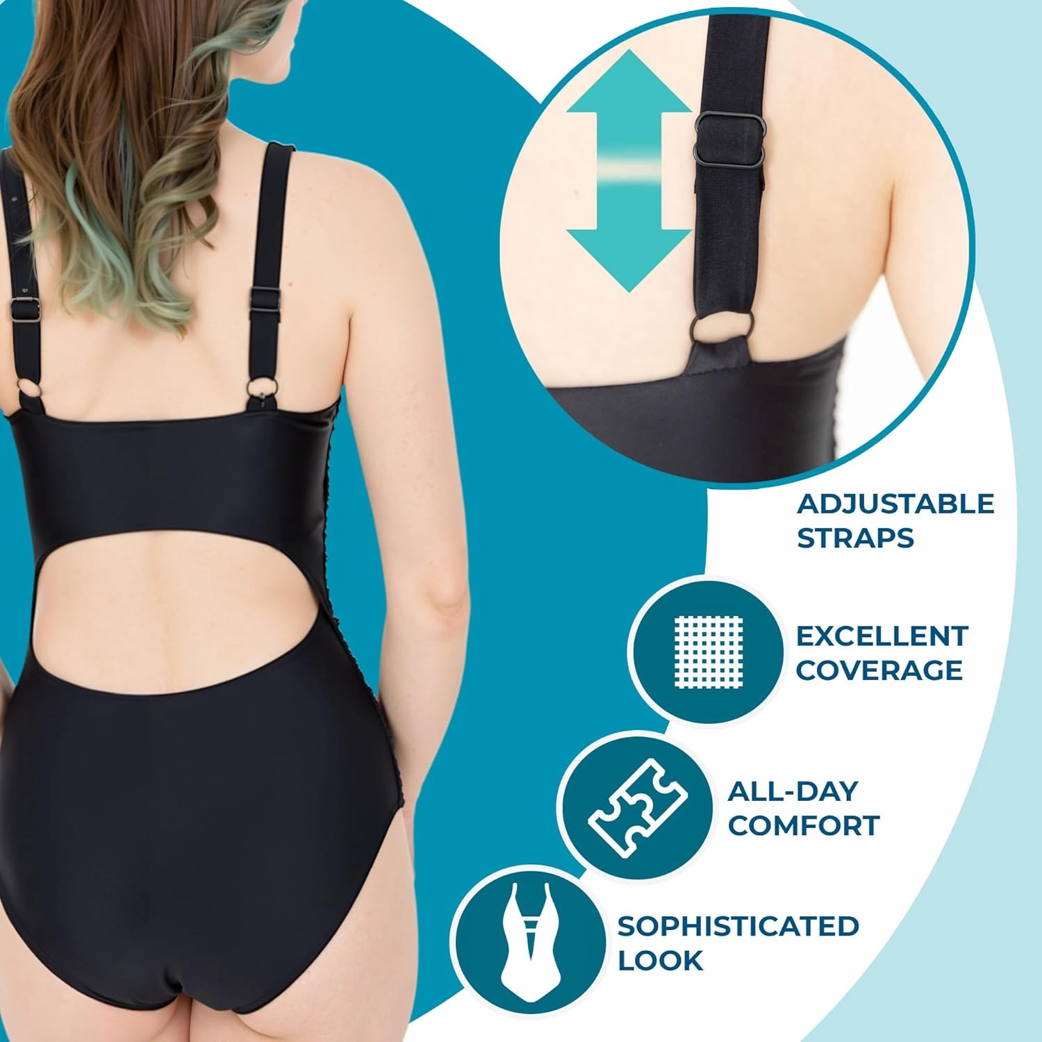 Women's Black One-Piece Swimsuit, Square Neck