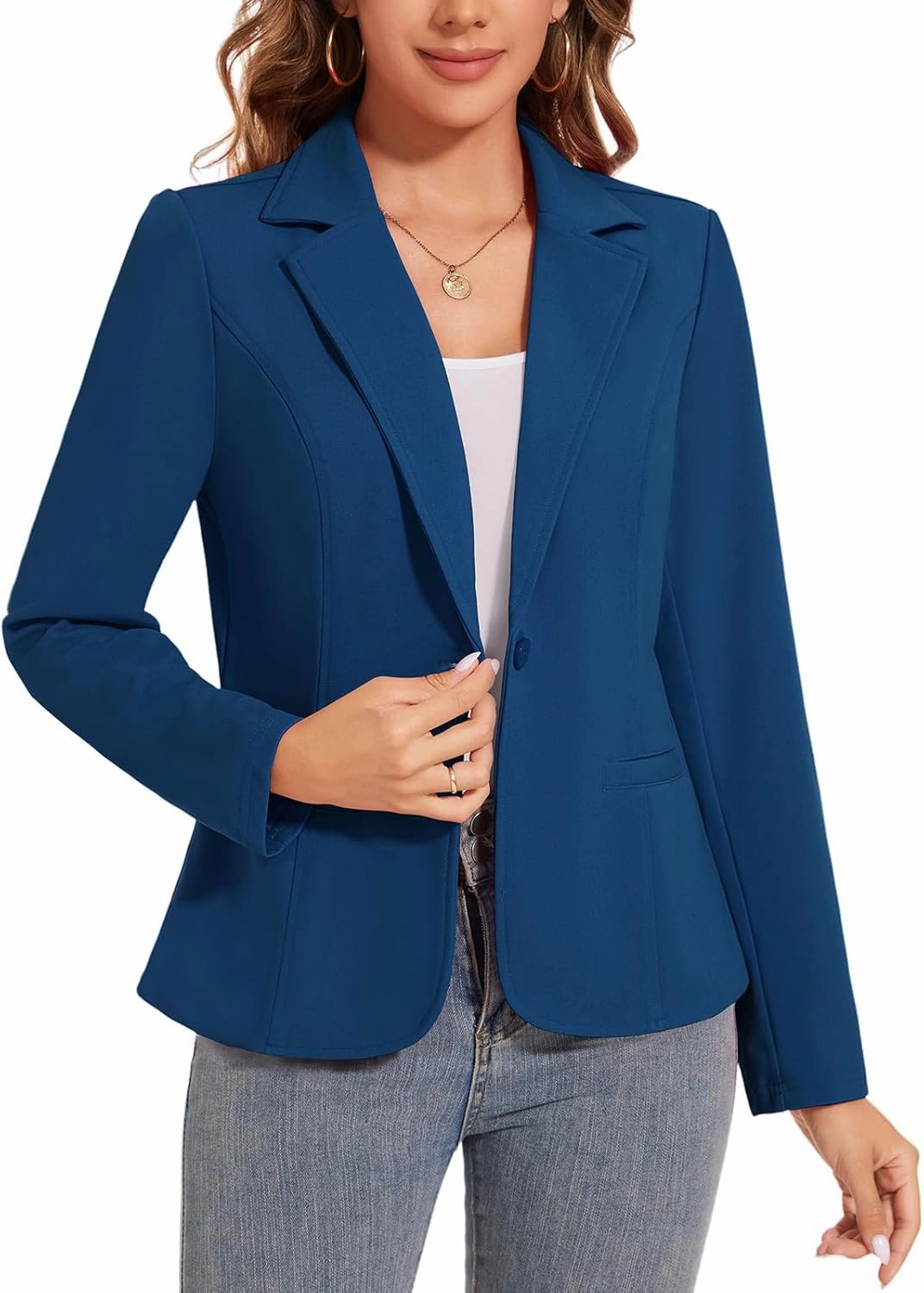 Women's Button Front Blazer Jackets Long Sleeve Lapel Business Casual Office Work Lightweight Blazers with Pocket