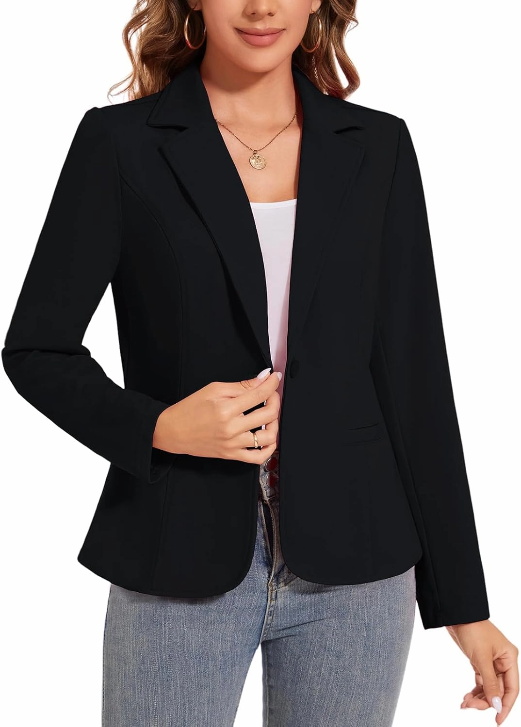 Women's Button Front Blazer Jackets Long Sleeve Lapel Business Casual Office Work Lightweight Blazers with Pocket