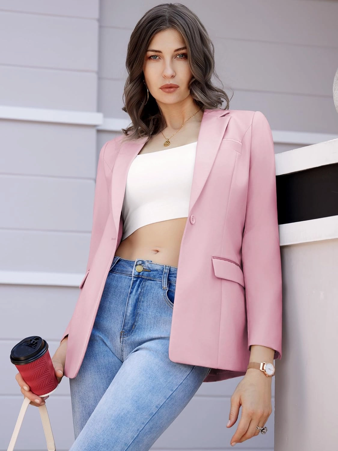 Women's Casual Business Blazer Notched Lapel One Button Open Front Long Sleeve Blazers Office Work Suit Jackets