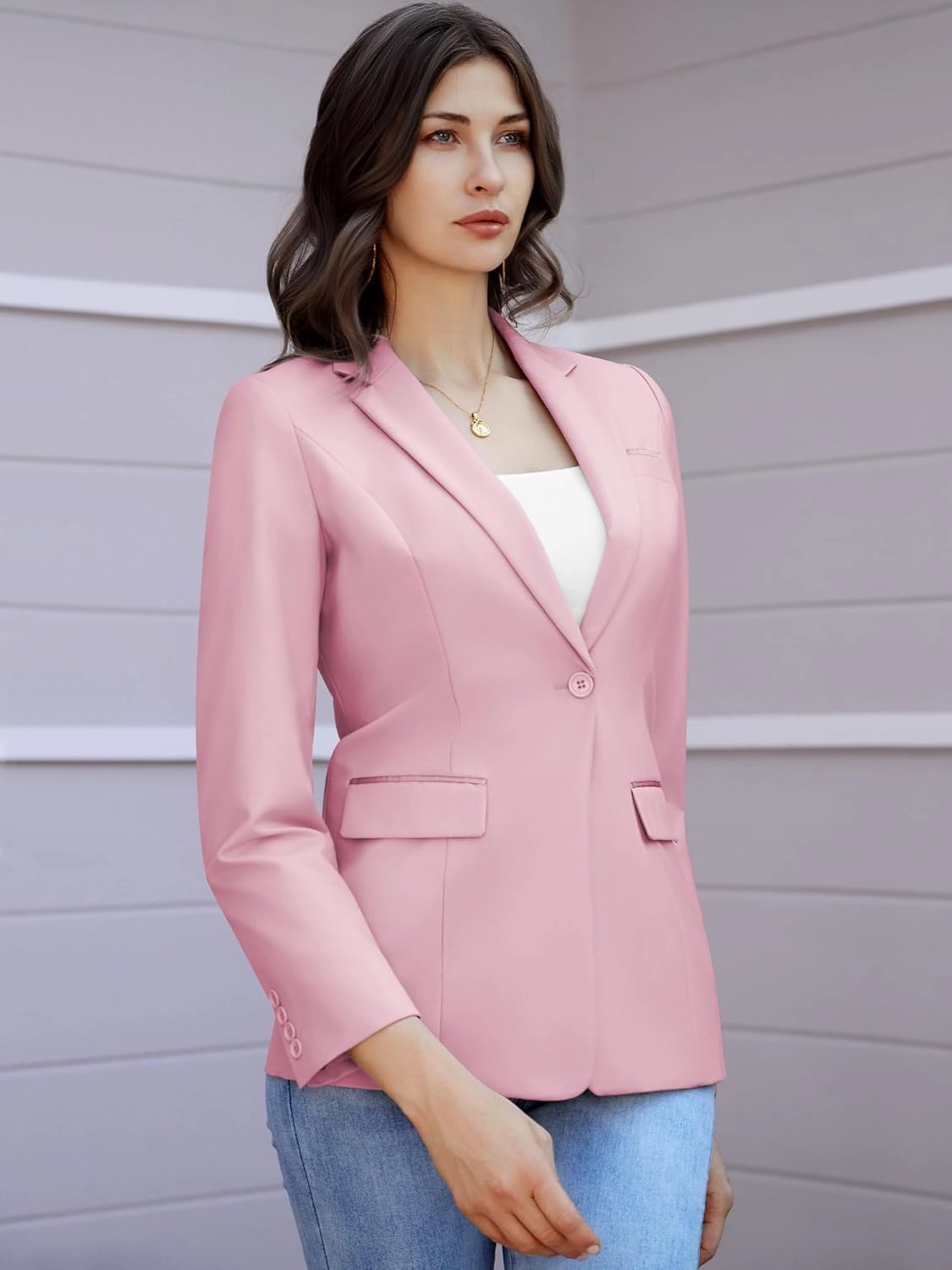 Women's Casual Business Blazer Notched Lapel One Button Open Front Long Sleeve Blazers Office Work Suit Jackets