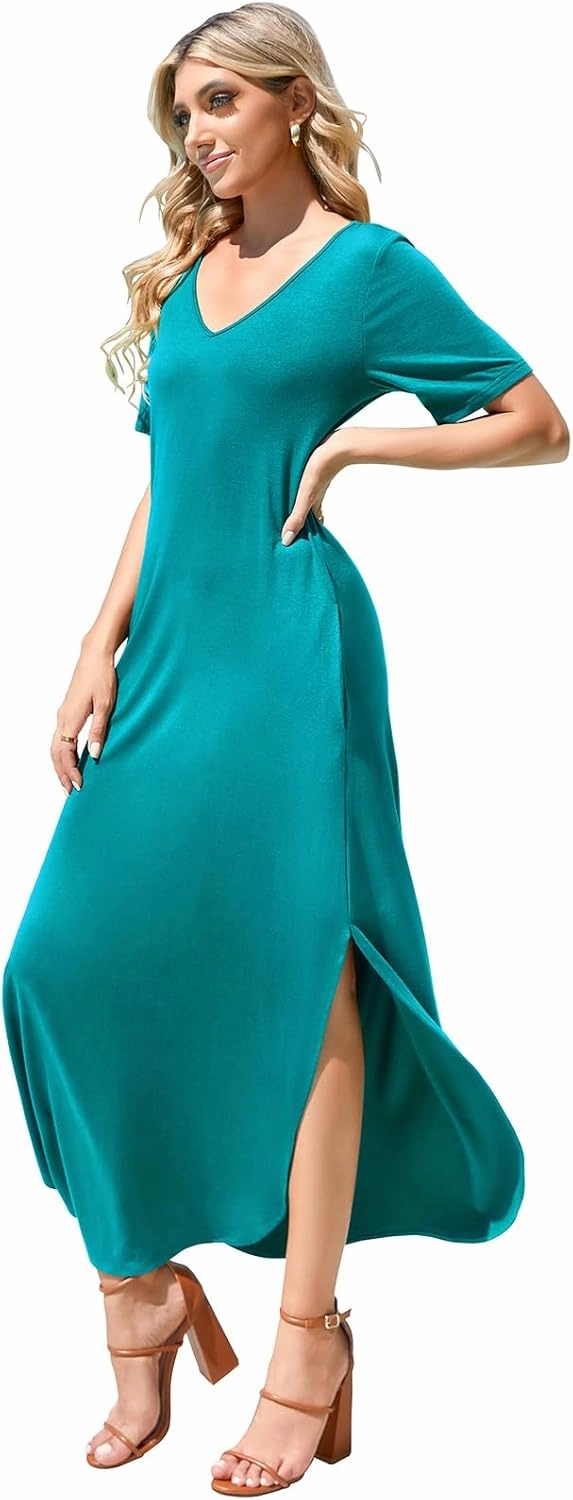Women's Casual Loose Sundress Short Sleeve V Neck Long Dress Split Maxi Summer Beach Dress with Pockets