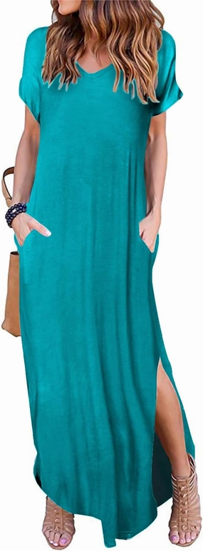 Women's Casual Loose Sundress Short Sleeve V Neck Long Dress Split Maxi Summer Beach Dress with Pockets