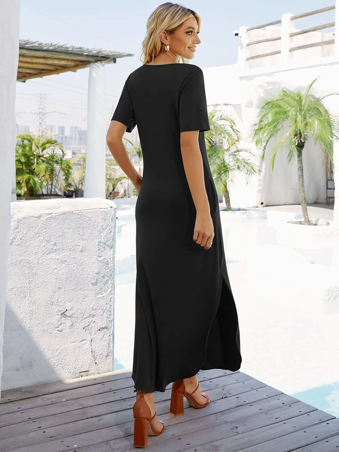 Women's Casual Loose Sundress Short Sleeve V Neck Long Dress Split Maxi Summer Beach Dress with Pockets