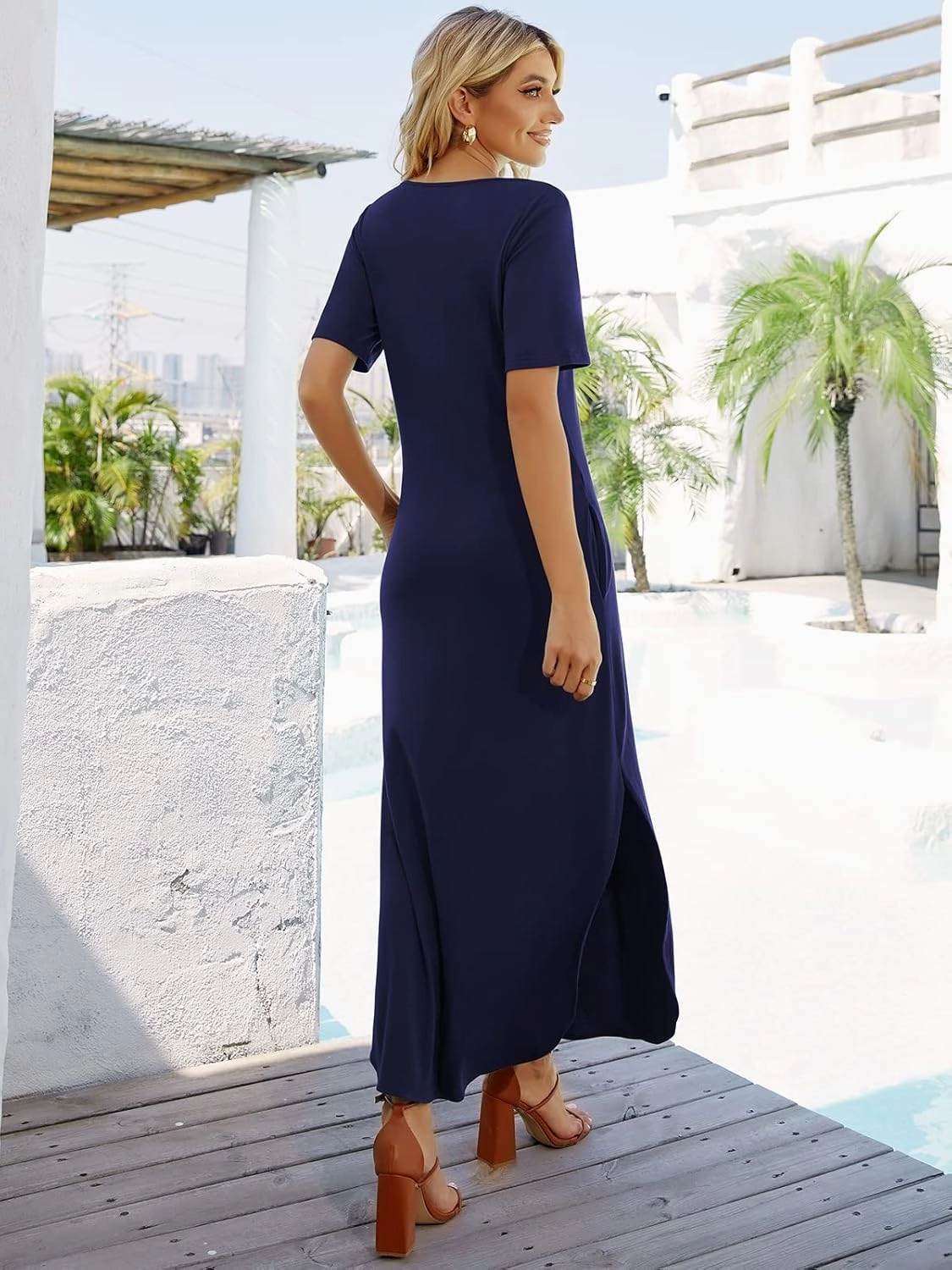 Women's Casual Loose Sundress Short Sleeve V Neck Long Dress Split Maxi Summer Beach Dress with Pockets