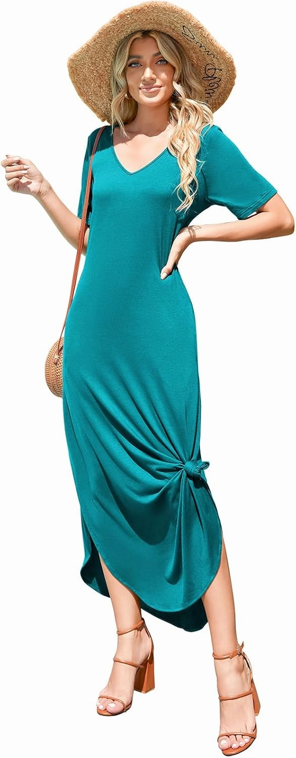 Women's Casual Loose Sundress Short Sleeve V Neck Long Dress Split Maxi Summer Beach Dress with Pockets