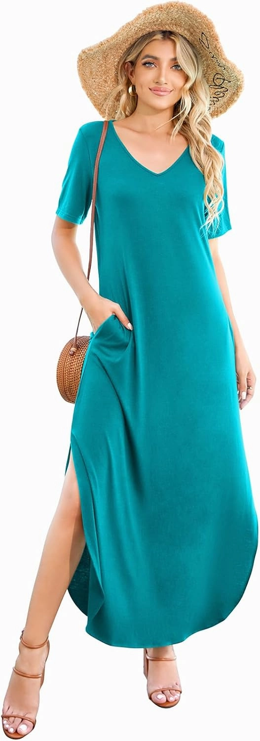 Women's Casual Loose Sundress Short Sleeve V Neck Long Dress Split Maxi Summer Beach Dress with Pockets