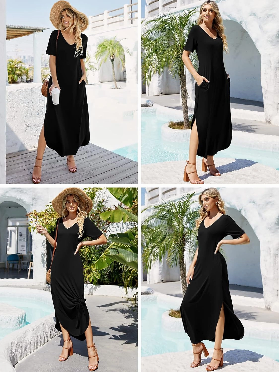 Women's Casual Loose Sundress Short Sleeve V Neck Long Dress Split Maxi Summer Beach Dress with Pockets